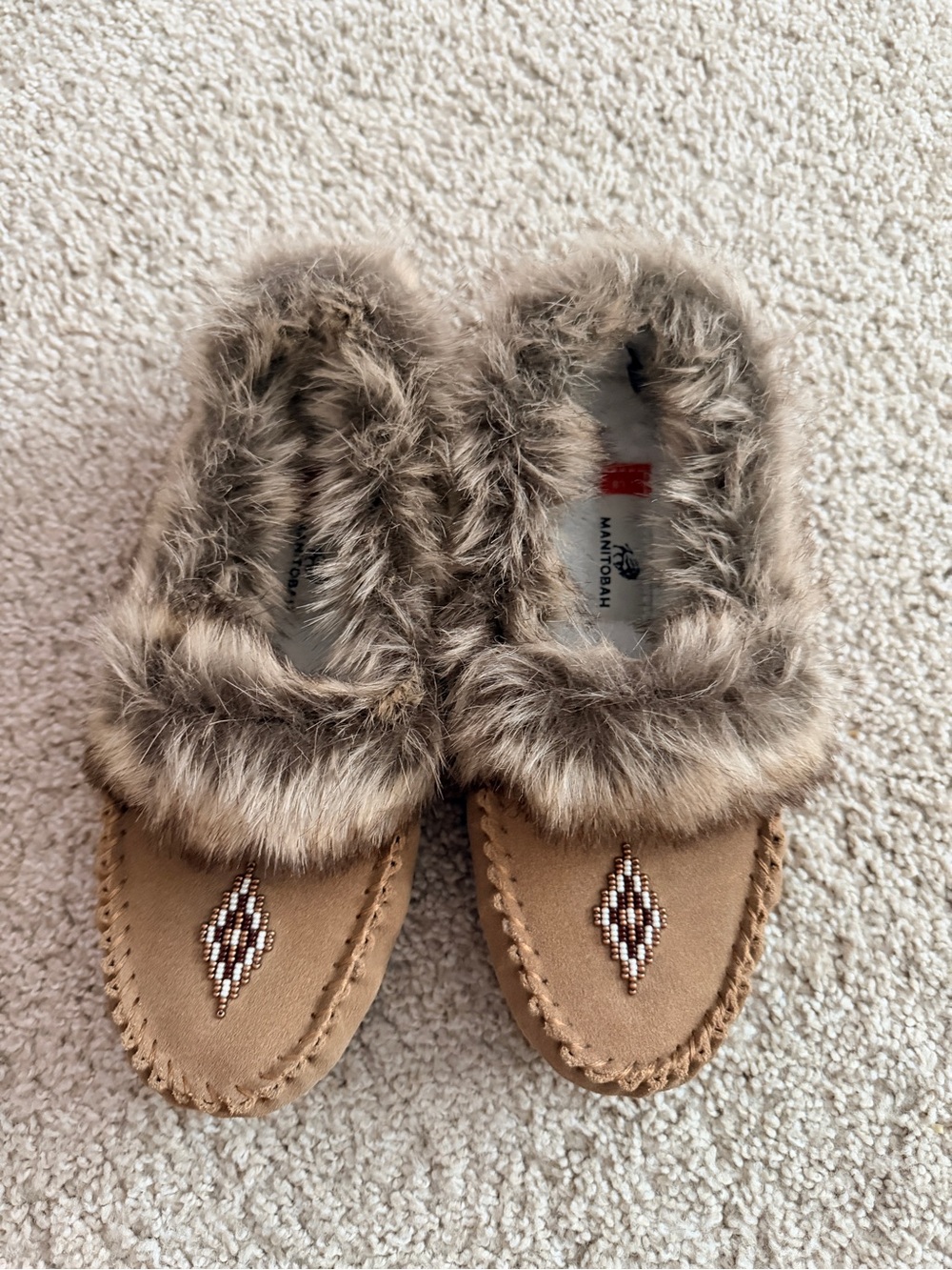 Faux-Fur Trim Tan Moccasin Flats with Beaded Accent